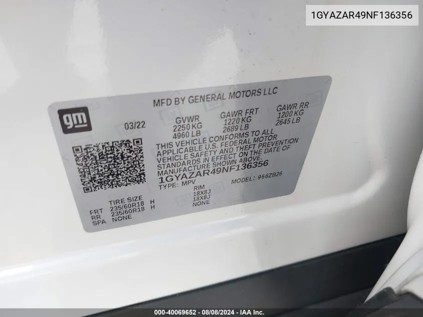 1GYAZAR49NF136356 2022 Cadillac Xt4 Fwd Luxury