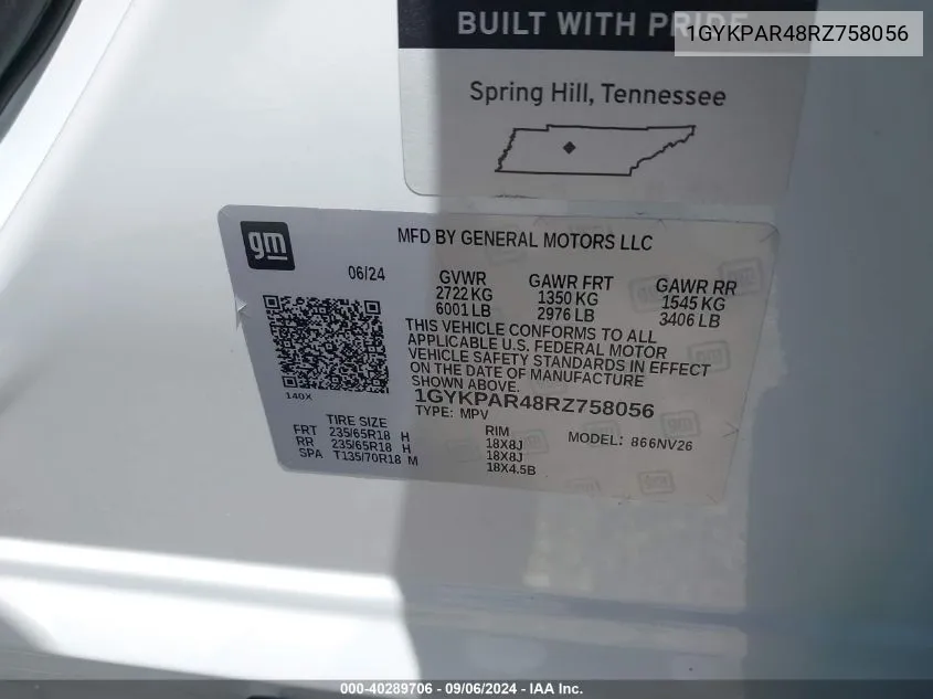 2024 Cadillac Xt6 Fwd Luxury VIN: 1GYKPAR48RZ758056 Lot: 40289706