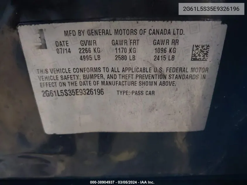 2G61L5S35E9326196 2014 Cadillac Xts Standard