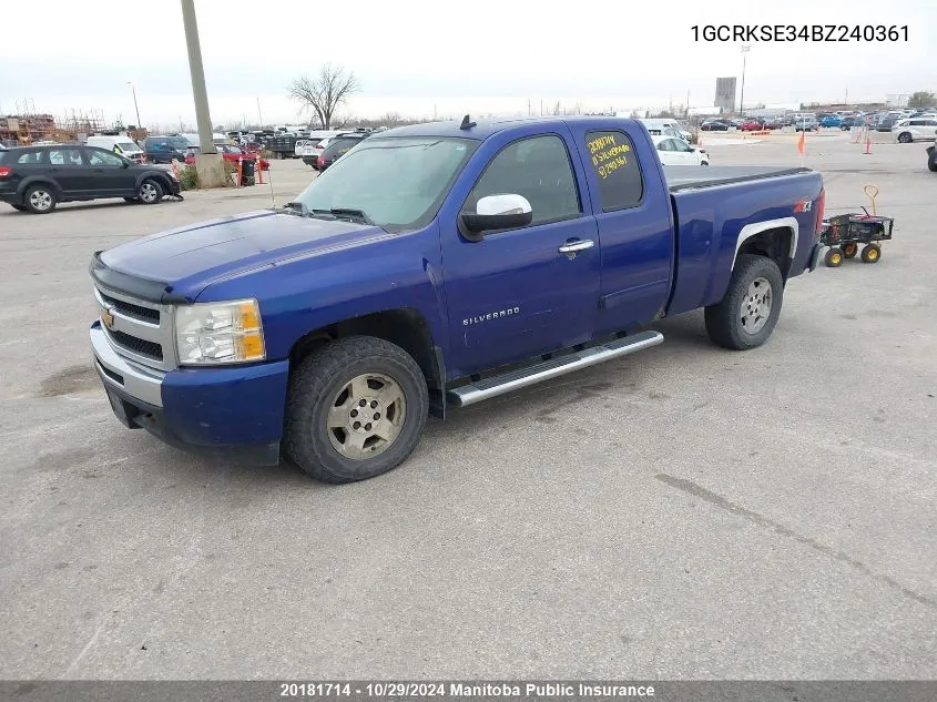 2011 Chevrolet Silverado 1500 Lt Ext Cab VIN: 1GCRKSE34BZ240361 Lot: 20181714