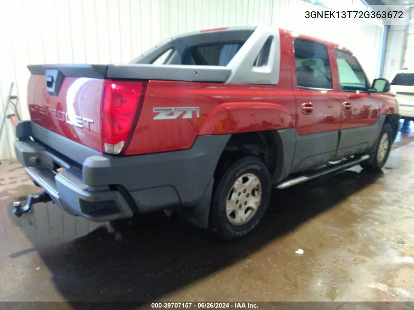 2002 Chevrolet Avalanche 1500 VIN: 3GNEK13T72G363672 Lot: 39707157