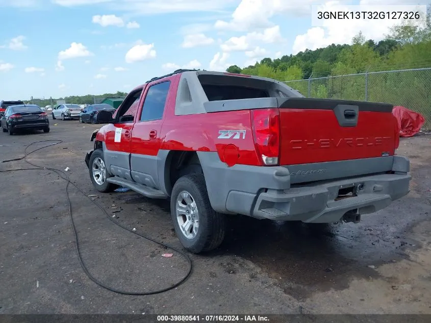 2002 Chevrolet Avalanche 1500 VIN: 3GNEK13T32G127326 Lot: 39880541