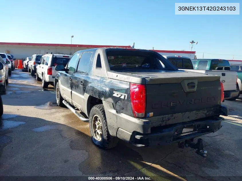 2002 Chevrolet Avalanche 1500 VIN: 3GNEK13T42G243103 Lot: 40300506