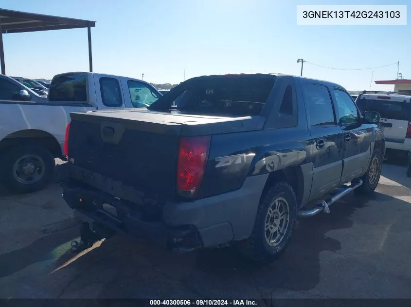 2002 Chevrolet Avalanche 1500 VIN: 3GNEK13T42G243103 Lot: 40300506