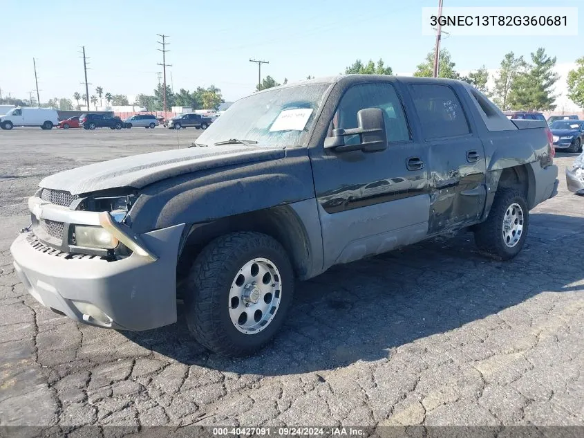 2002 Chevrolet Avalanche VIN: 3GNEC13T82G360681 Lot: 40427091