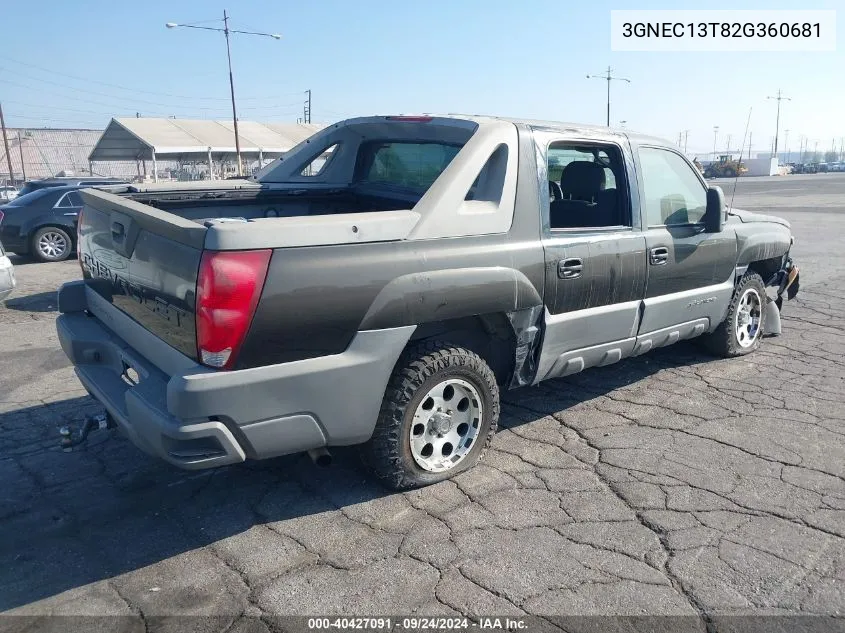 2002 Chevrolet Avalanche VIN: 3GNEC13T82G360681 Lot: 40427091