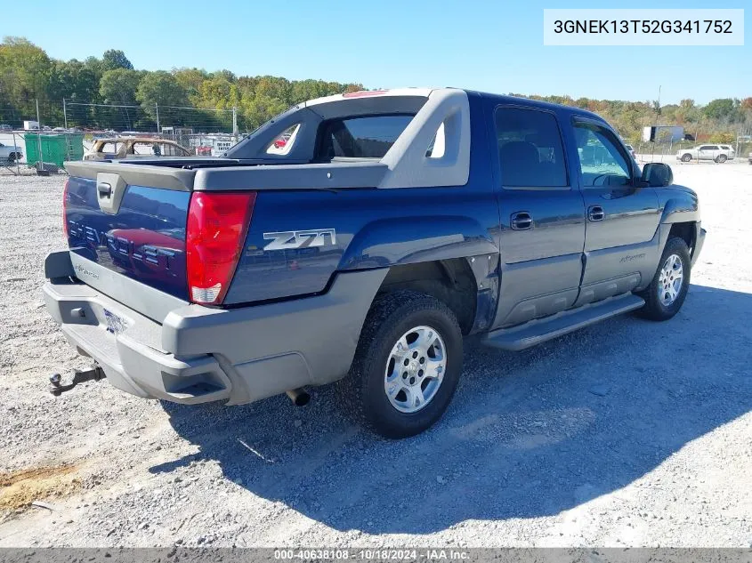 2002 Chevrolet Avalanche 1500 VIN: 3GNEK13T52G341752 Lot: 40638108