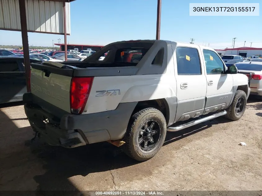 2002 Chevrolet Avalanche 1500 VIN: 3GNEK13T72G155517 Lot: 40692051