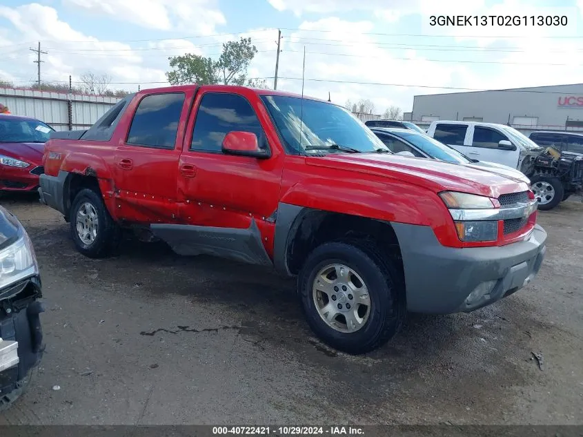 2002 Chevrolet Avalanche 1500 VIN: 3GNEK13T02G113030 Lot: 40722421