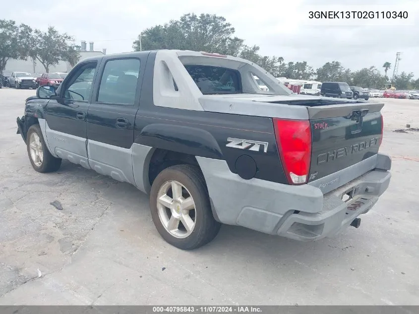 2002 Chevrolet Avalanche 1500 VIN: 3GNEK13T02G110340 Lot: 40795843