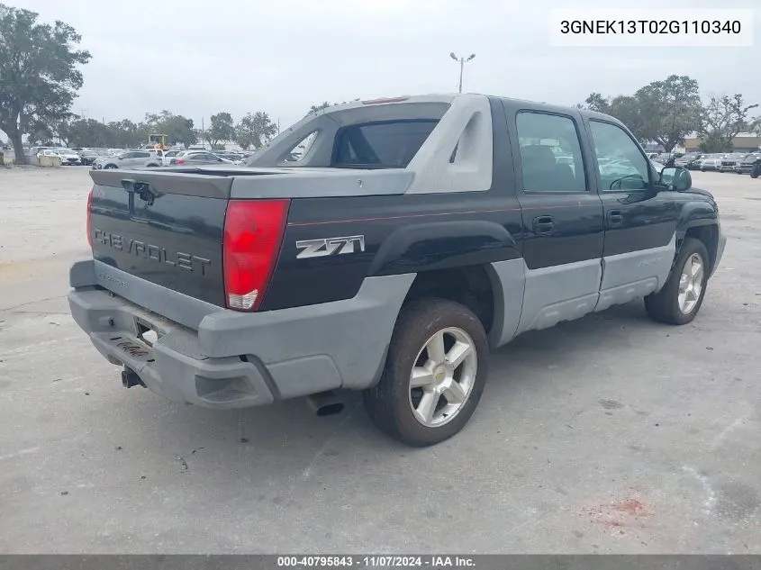 2002 Chevrolet Avalanche 1500 VIN: 3GNEK13T02G110340 Lot: 40795843