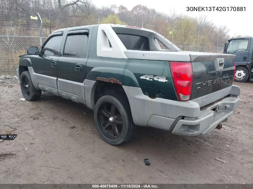 2002 Chevrolet Avalanche K1500 VIN: 3GNEK13T42G170881 Lot: 40875409