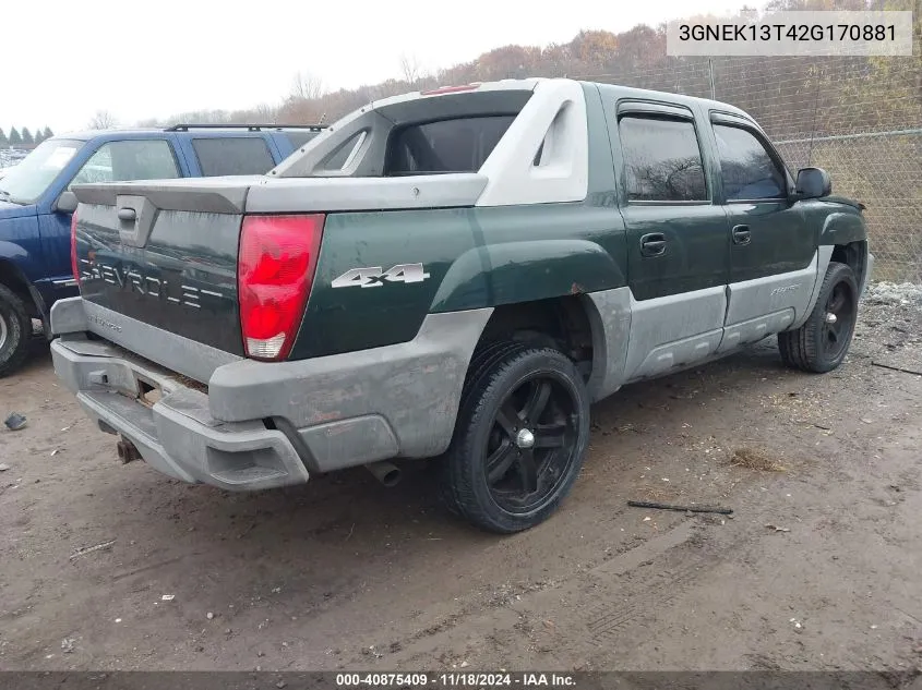 2002 Chevrolet Avalanche K1500 VIN: 3GNEK13T42G170881 Lot: 40875409