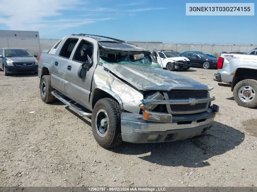 2003 Chevrolet Avalanche VIN: 3GNEK13T03G274155 Lot: 12062797