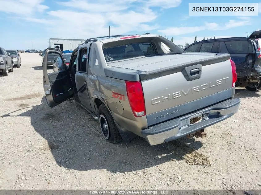 2003 Chevrolet Avalanche VIN: 3GNEK13T03G274155 Lot: 12062797