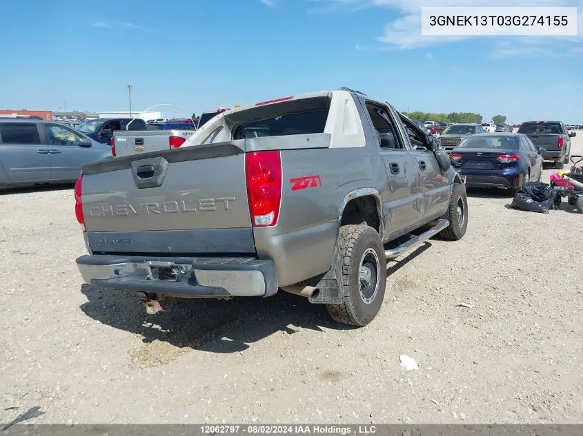 2003 Chevrolet Avalanche VIN: 3GNEK13T03G274155 Lot: 12062797