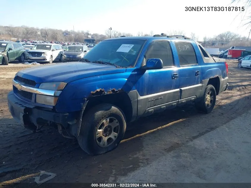 2003 Chevrolet Avalanche 1500 VIN: 3GNEK13T83G187815 Lot: 38542331