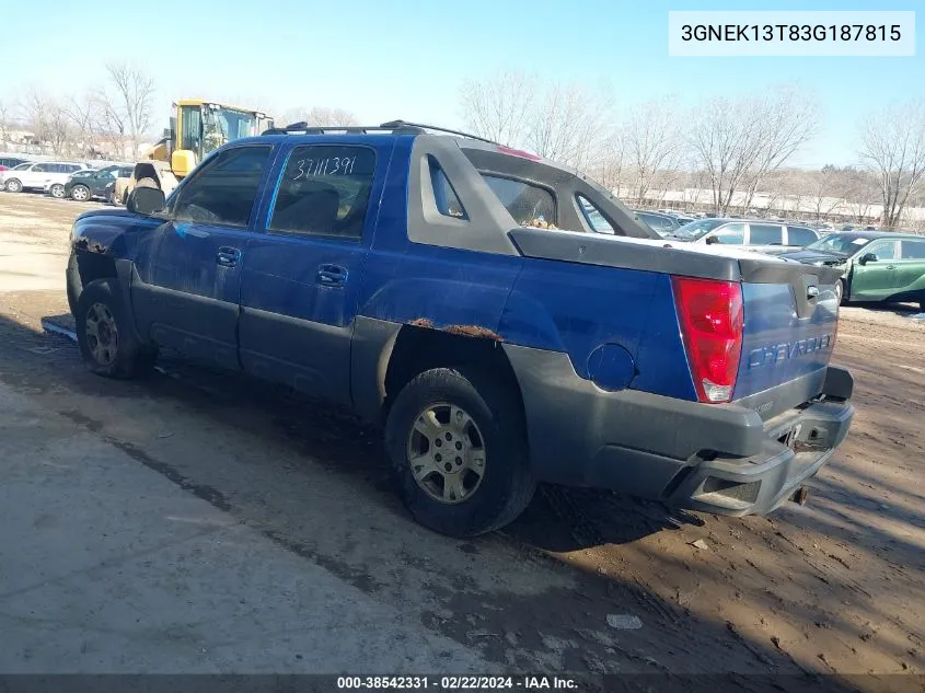 2003 Chevrolet Avalanche 1500 VIN: 3GNEK13T83G187815 Lot: 38542331