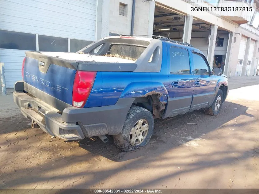 2003 Chevrolet Avalanche 1500 VIN: 3GNEK13T83G187815 Lot: 38542331