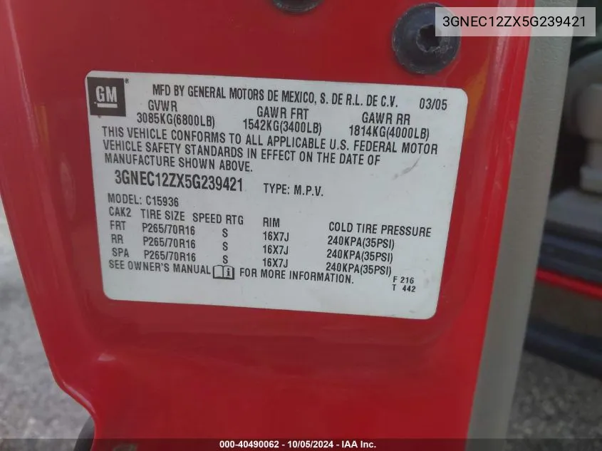 2005 Chevrolet Avalanche C1500 VIN: 3GNEC12ZX5G239421 Lot: 40490062