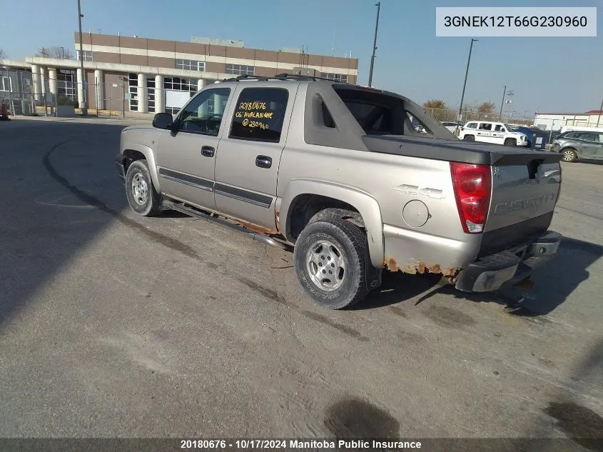 2006 Chevrolet Avalanche 1500 VIN: 3GNEK12T66G230960 Lot: 20180676