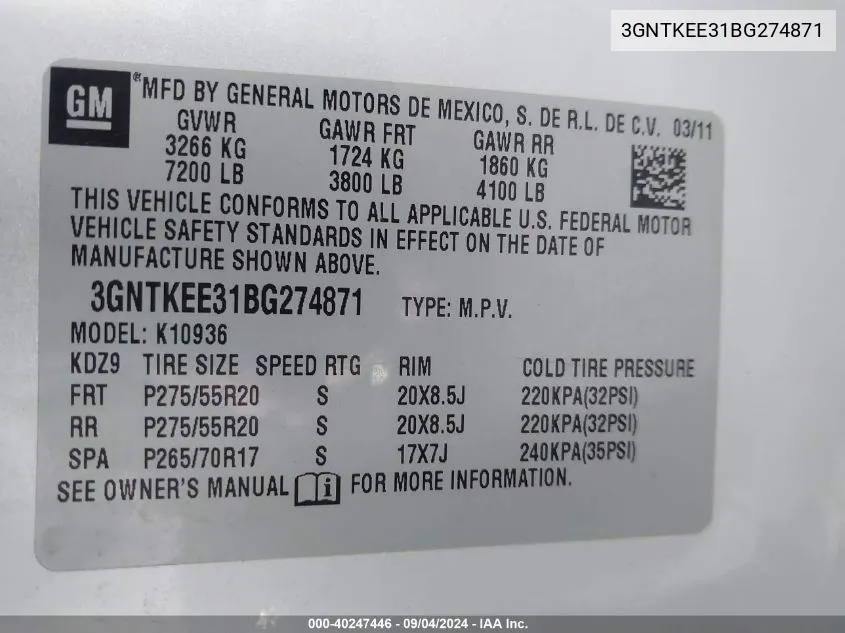 2011 Chevrolet Avalanche 1500 Ls VIN: 3GNTKEE31BG274871 Lot: 40247446