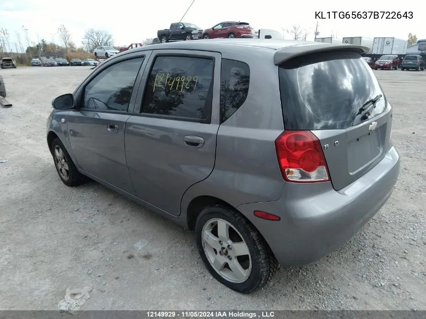 2007 Chevrolet Aveo VIN: KL1TG65637B722643 Lot: 12149929