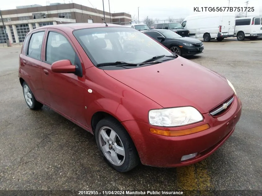 2007 Chevrolet Aveo Lt VIN: KL1TG65677B751725 Lot: 20182955