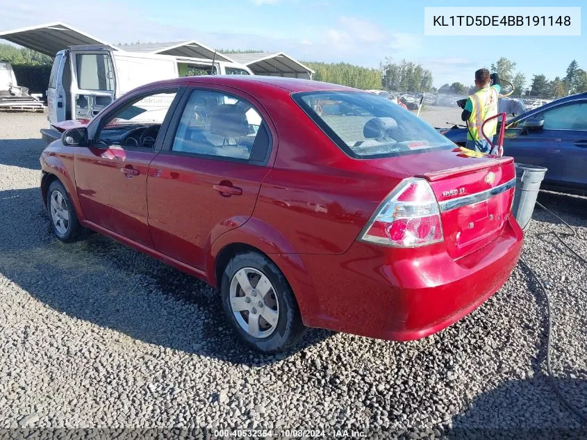 2011 Chevrolet Aveo Ls/Lt VIN: KL1TD5DE4BB191148 Lot: 40532354