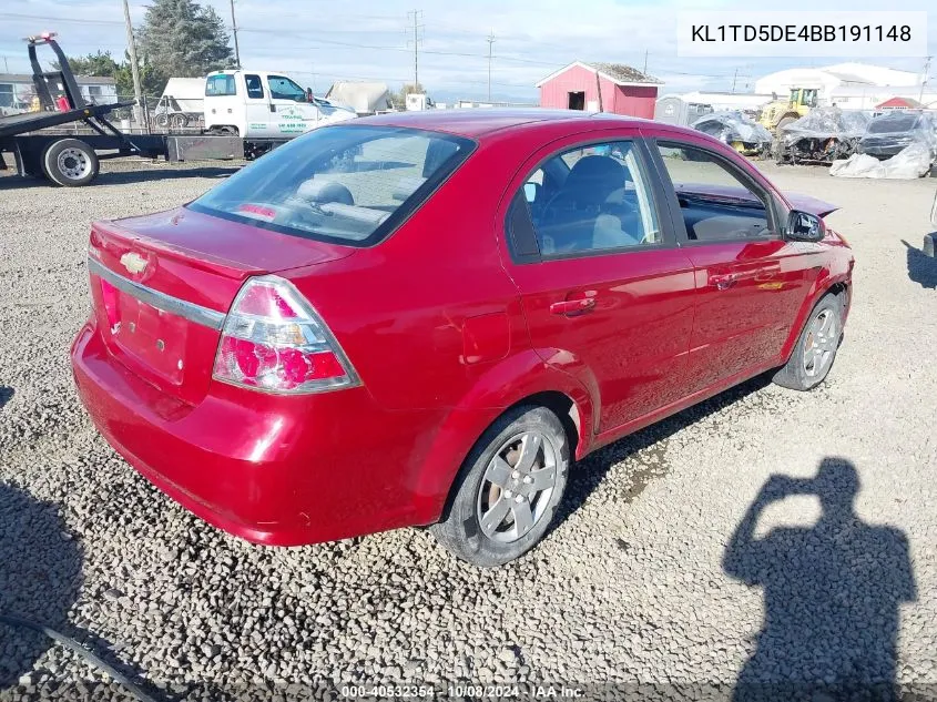 2011 Chevrolet Aveo Ls/Lt VIN: KL1TD5DE4BB191148 Lot: 40532354