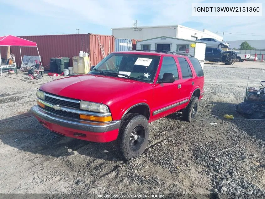 1998 Chevrolet Blazer Ls VIN: 1GNDT13W0W2151360 Lot: 39935963