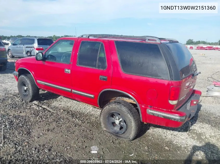 1998 Chevrolet Blazer Ls VIN: 1GNDT13W0W2151360 Lot: 39935963