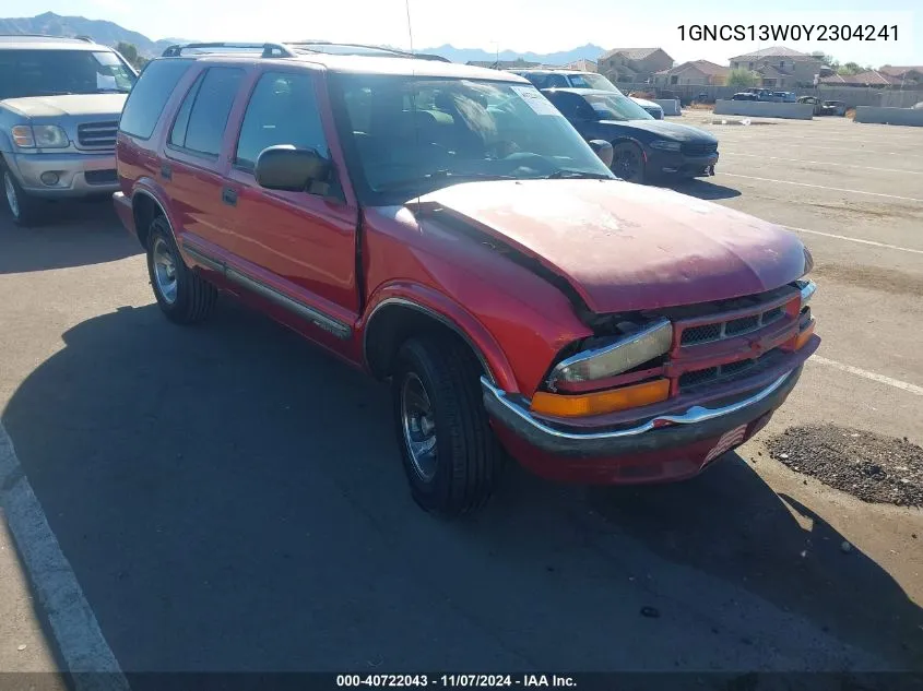 2000 Chevrolet Blazer Lt VIN: 1GNCS13W0Y2304241 Lot: 40722043