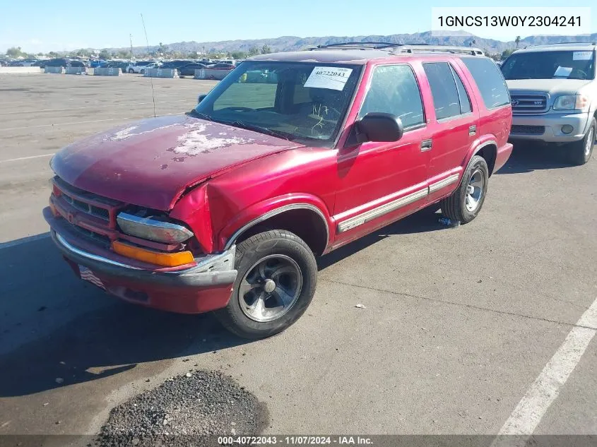 2000 Chevrolet Blazer Lt VIN: 1GNCS13W0Y2304241 Lot: 40722043