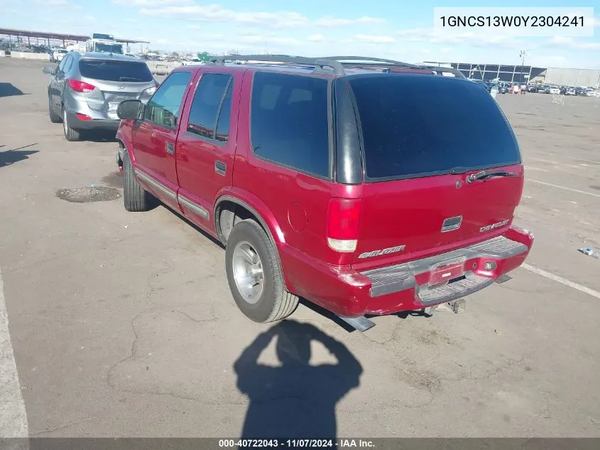 2000 Chevrolet Blazer Lt VIN: 1GNCS13W0Y2304241 Lot: 40722043