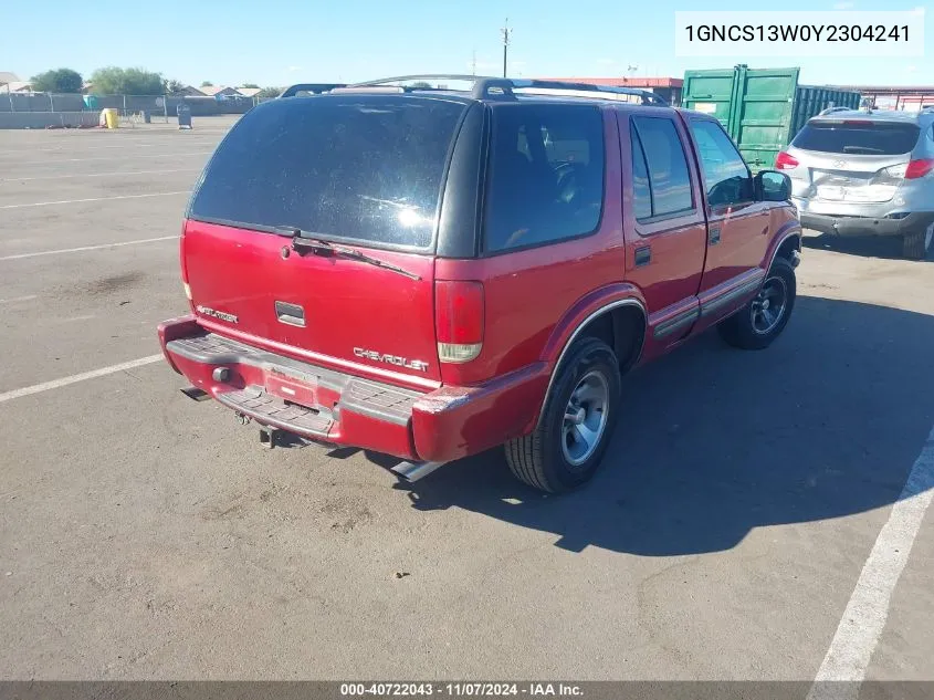 2000 Chevrolet Blazer Lt VIN: 1GNCS13W0Y2304241 Lot: 40722043