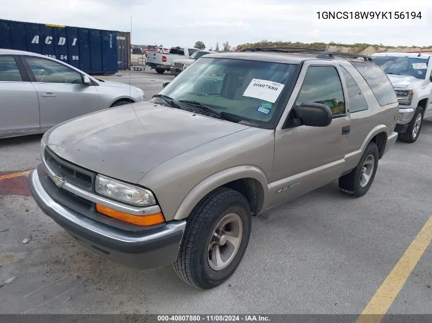 2000 Chevrolet Blazer Ls VIN: 1GNCS18W9YK156194 Lot: 40807880