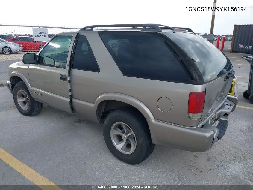 2000 Chevrolet Blazer Ls VIN: 1GNCS18W9YK156194 Lot: 40807880