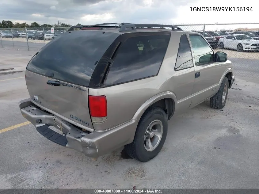 2000 Chevrolet Blazer Ls VIN: 1GNCS18W9YK156194 Lot: 40807880