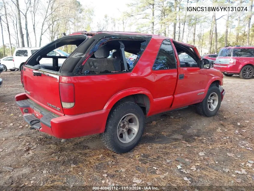 2000 Chevrolet Blazer Ls VIN: IGNCS18W6YK131074 Lot: 40845112