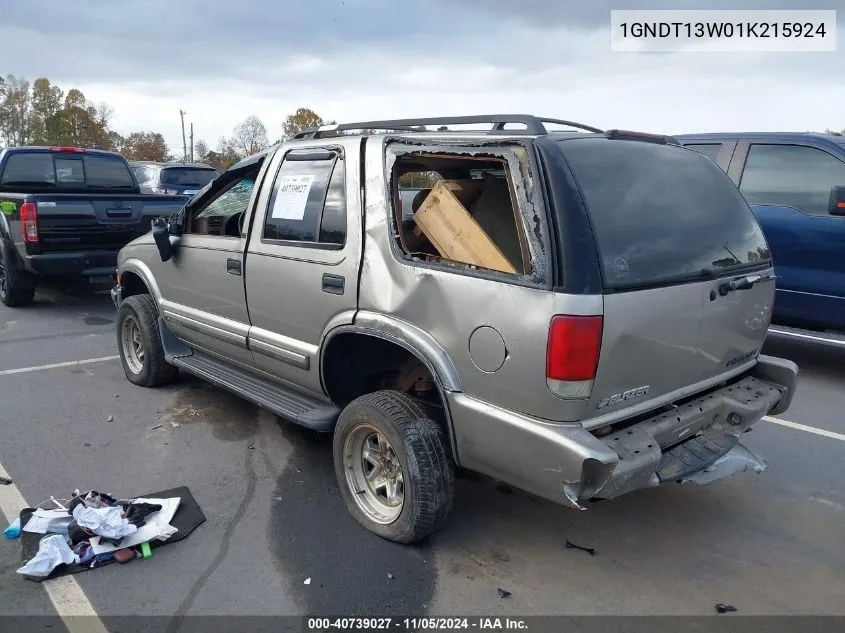 2001 Chevrolet Blazer Lt VIN: 1GNDT13W01K215924 Lot: 40739027