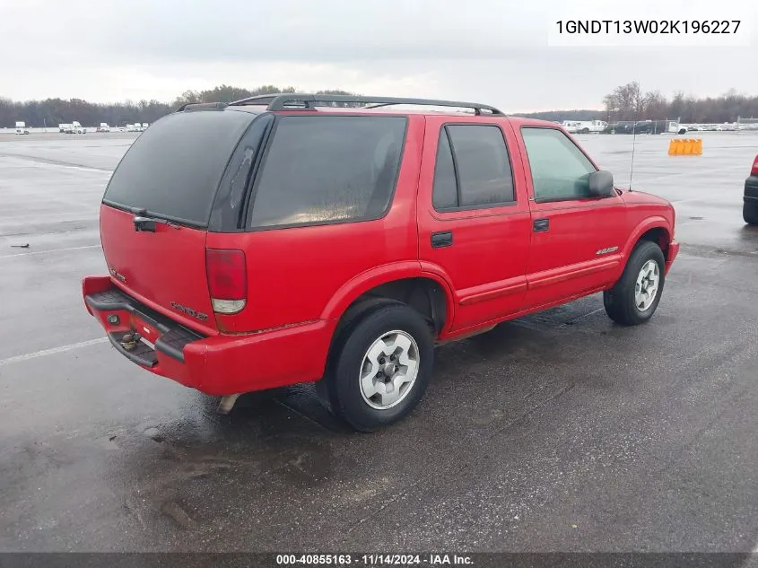 2002 Chevrolet Blazer Ls VIN: 1GNDT13W02K196227 Lot: 40855163