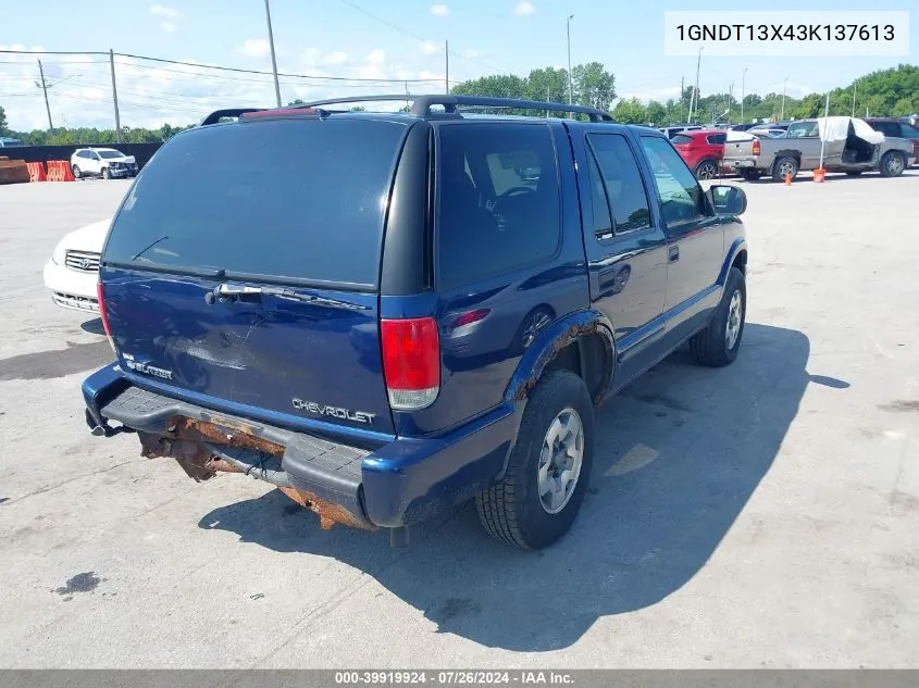 2003 Chevrolet Blazer Ls VIN: 1GNDT13X43K137613 Lot: 39919924