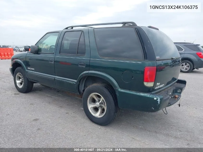 2004 Chevrolet Blazer VIN: 1GNCS13X24K106375 Lot: 40151407