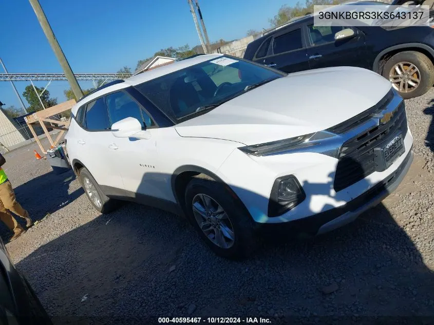 2019 Chevrolet Blazer VIN: 3GNKBGRS3KS643137 Lot: 40595467