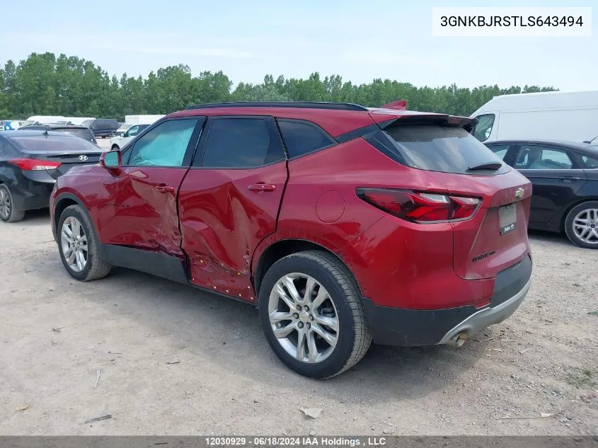 2020 Chevrolet Blazer 3Lt VIN: 3GNKBJRSTLS643494 Lot: 12030929