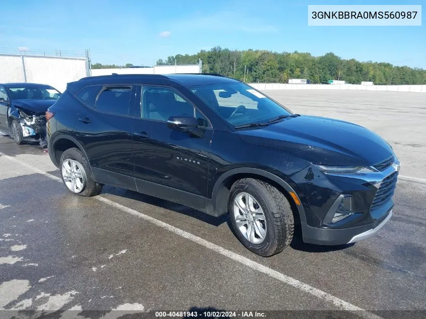 2021 Chevrolet Blazer Fwd 1Lt VIN: 3GNKBBRA0MS560987 Lot: 40481943