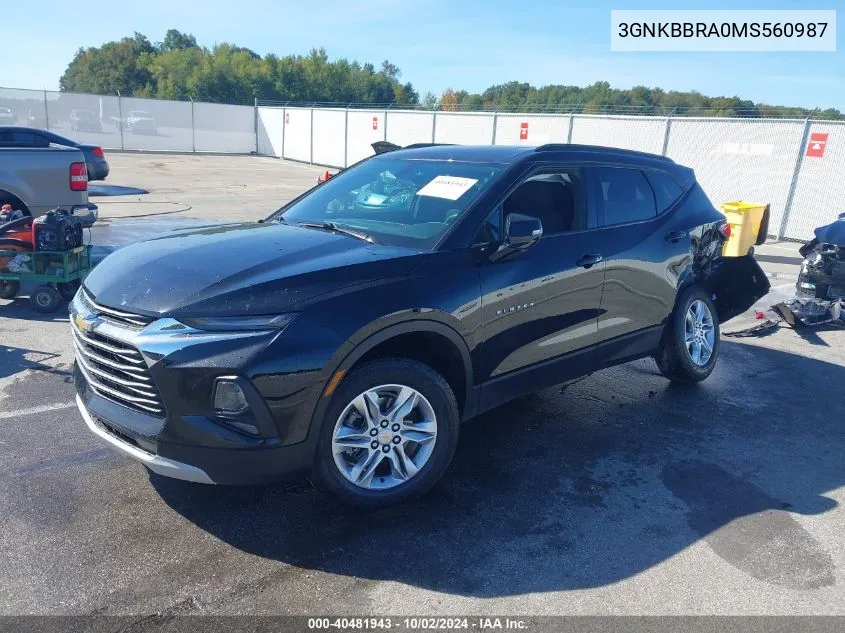 2021 Chevrolet Blazer Fwd 1Lt VIN: 3GNKBBRA0MS560987 Lot: 40481943