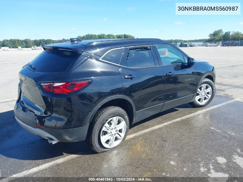 2021 Chevrolet Blazer Fwd 1Lt VIN: 3GNKBBRA0MS560987 Lot: 40481943