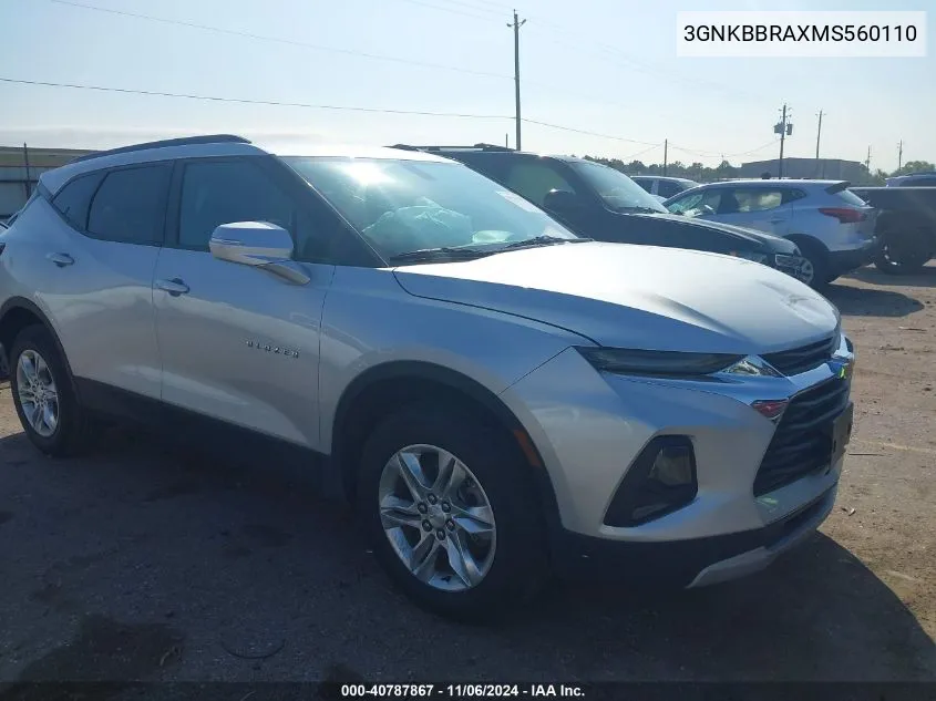 2021 Chevrolet Blazer Fwd 1Lt VIN: 3GNKBBRAXMS560110 Lot: 40787867